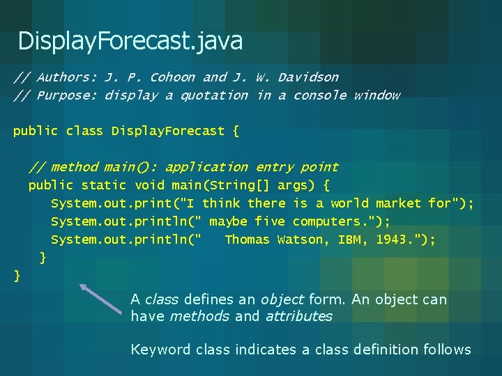 Display. Forecast. java // Authors: J. P. Cohoon and J. W. Davidson // Purpose:
