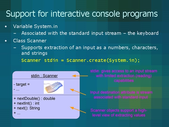 Support for interactive console programs • Variable System. in – Associated with the standard