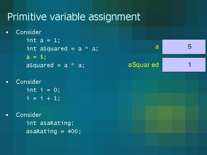 Primitive variable assignment • Consider int a = 1; int a. Squared = a