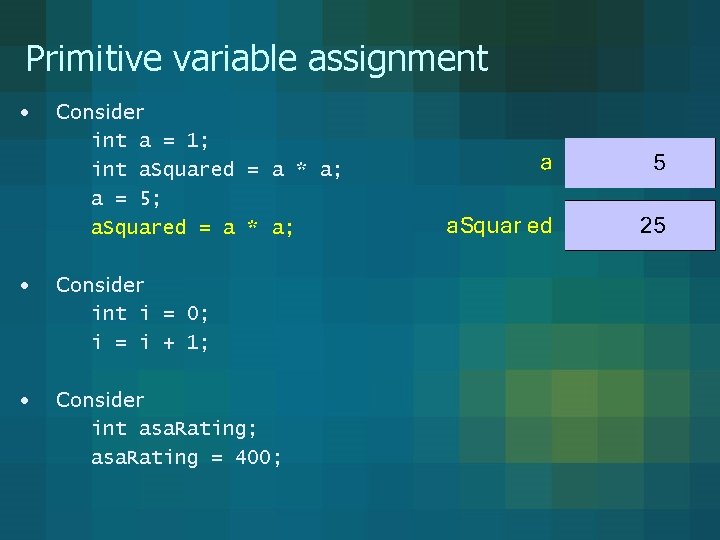 Primitive variable assignment • Consider int a = 1; int a. Squared = a