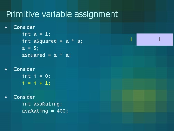 Primitive variable assignment • Consider int a = 1; int a. Squared = a