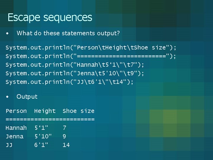Escape sequences • What do these statements output? System. out. println("Persont. Heightt. Shoe size");
