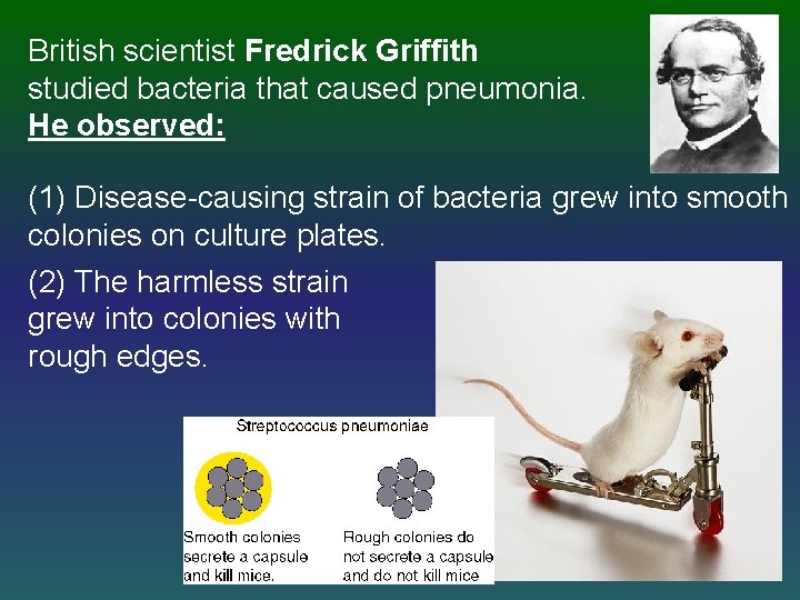 British scientist Fredrick Griffith studied bacteria that caused pneumonia. He observed: (1) Disease-causing strain