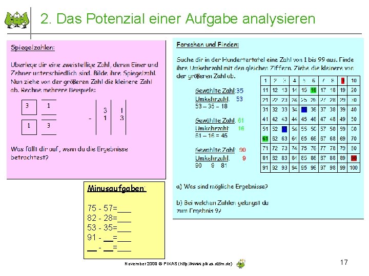 2. Das Potenzial einer Aufgabe analysieren Minusaufgaben: 75 - 57=___ 82 - 28=___ 53