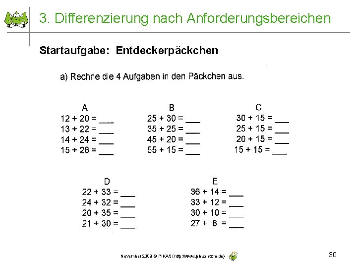 3. Differenzierung nach Anforderungsbereichen Startaufgabe: Entdeckerpäckchen November 2009 © PIKAS (http: //www. pikas. dzlm.