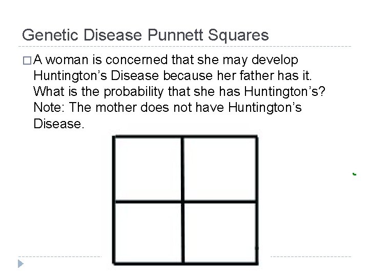 Genetic Disease Punnett Squares �A woman is concerned that she may develop Huntington’s Disease