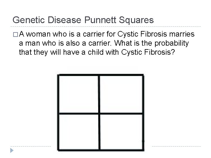 Genetic Disease Punnett Squares �A woman who is a carrier for Cystic Fibrosis marries