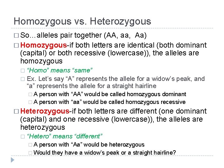 Homozygous vs. Heterozygous � So…alleles pair together (AA, aa, Aa) � Homozygous-if both letters