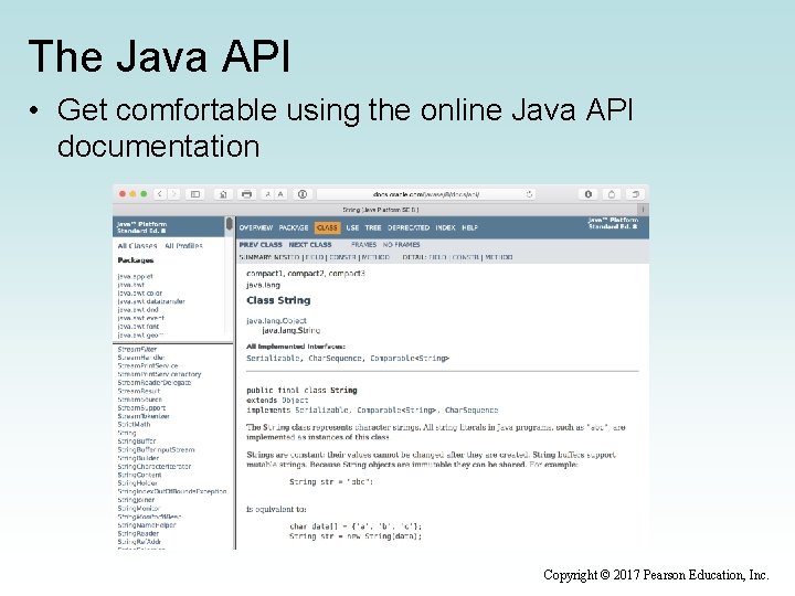 The Java API • Get comfortable using the online Java API documentation Copyright ©