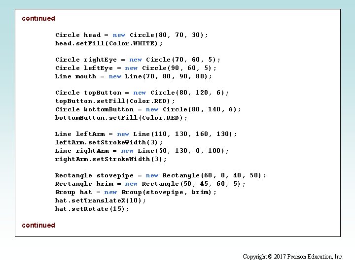 continued Circle head = new Circle(80, 70, 30); head. set. Fill(Color. WHITE); Circle right.