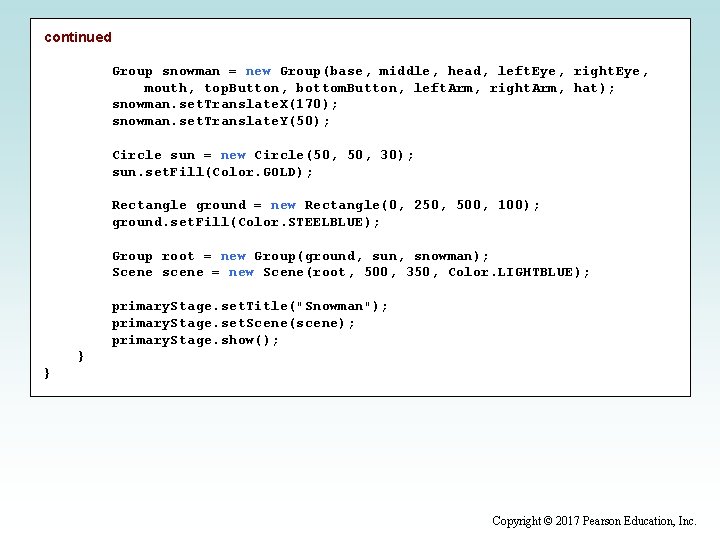 continued Group snowman = new Group(base, middle, head, left. Eye, right. Eye, mouth, top.