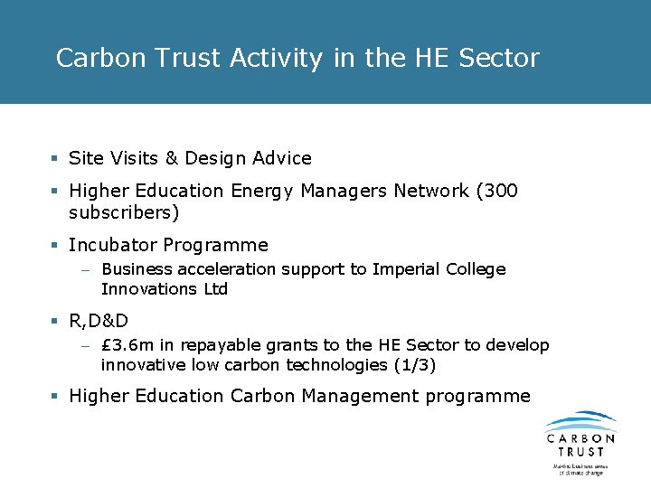 Carbon Trust Activity in the HE Sector § Site Visits & Design Advice §