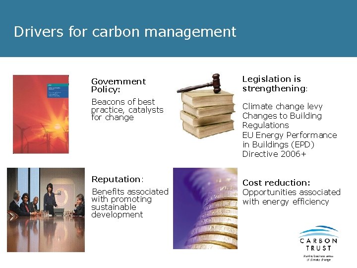 Drivers for carbon management Government Policy: Beacons of best practice, catalysts for change Reputation: