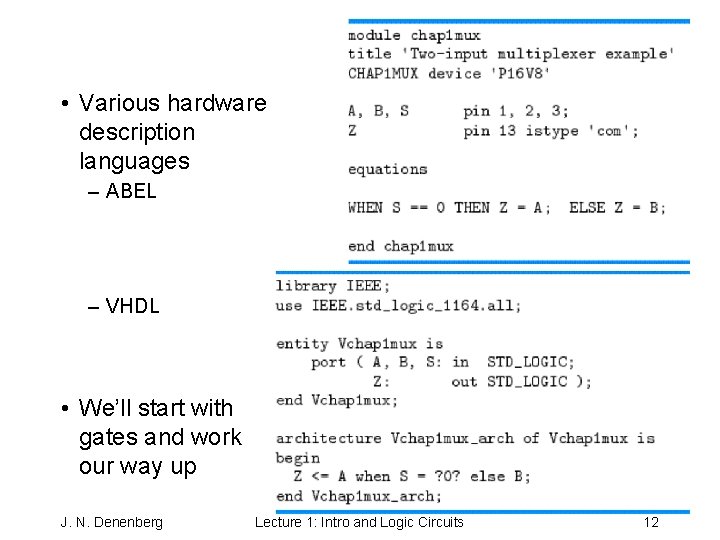 • Various hardware description languages – ABEL – VHDL • We’ll start with