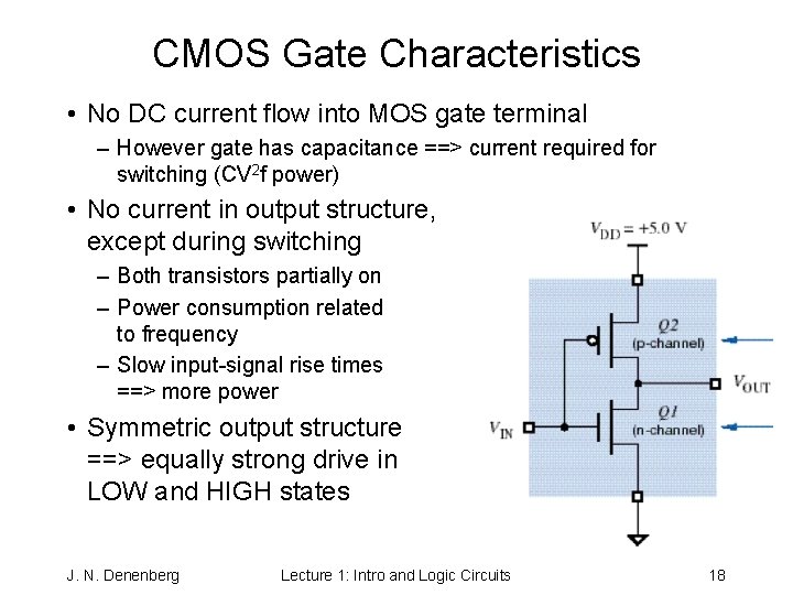 CMOS Gate Characteristics • No DC current flow into MOS gate terminal – However