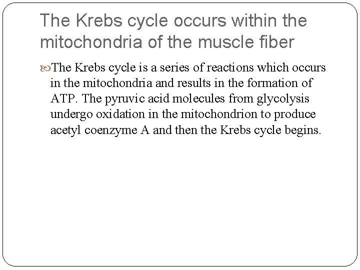 The Krebs cycle occurs within the mitochondria of the muscle fiber The Krebs cycle