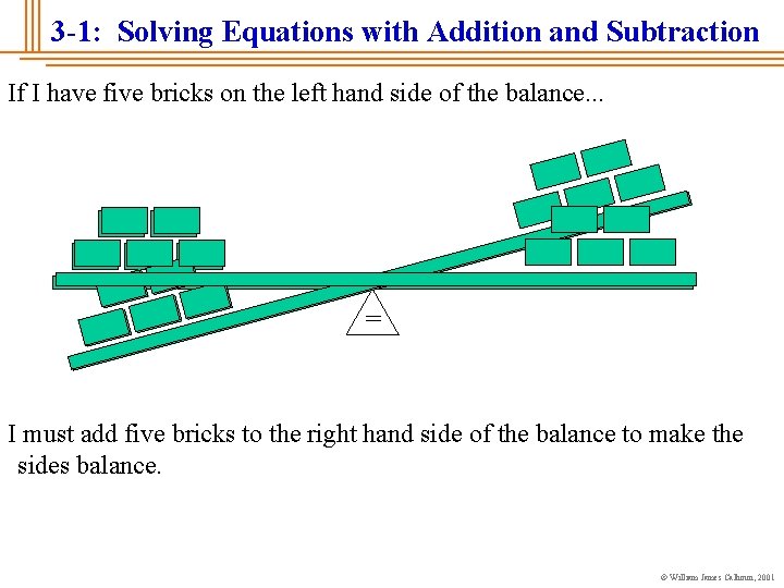 3 -1: Solving Equations with Addition and Subtraction If I have five bricks on