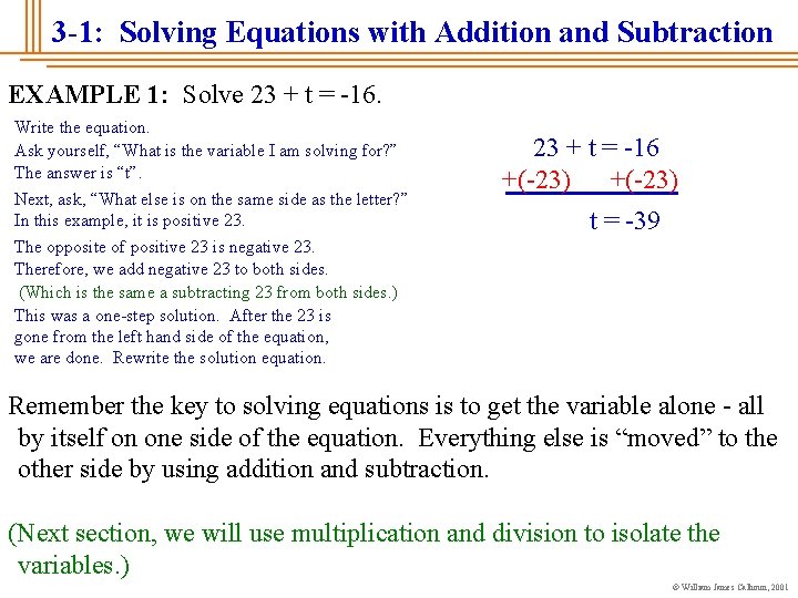 3 -1: Solving Equations with Addition and Subtraction EXAMPLE 1: Solve 23 + t