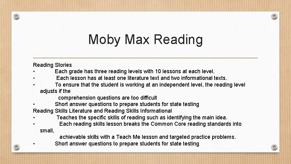 Moby Max Reading Stories • Each grade has three reading levels with 10 lessons