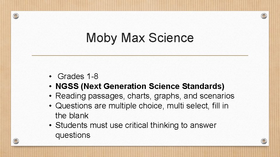 Moby Max Science • • Grades 1 -8 NGSS (Next Generation Science Standards) Reading