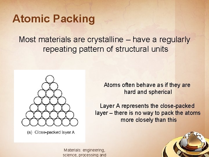 Atomic Packing Most materials are crystalline – have a regularly repeating pattern of structural
