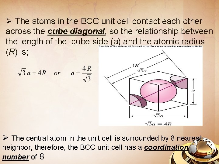 Ø The atoms in the BCC unit cell contact each other across the cube
