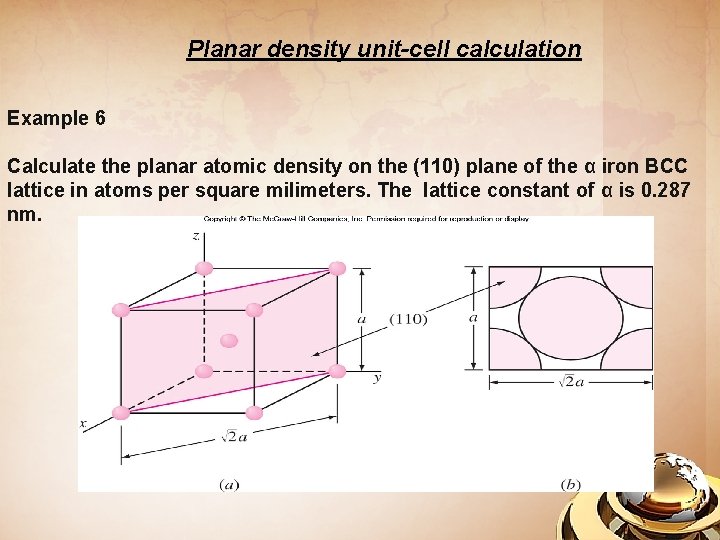 Planar density unit-cell calculation Example 6 Calculate the planar atomic density on the (110)