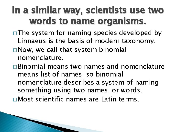 In a similar way, scientists use two words to name organisms. � The system