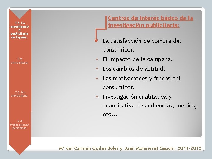  • 7. 1. La investigació n publicitaria en España. • 7. 2. Universitaria.