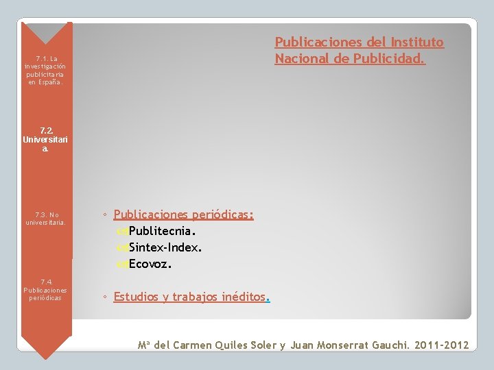 Publicaciones del Instituto Nacional de Publicidad. • 7. 1. La investigación publicitaria en España.