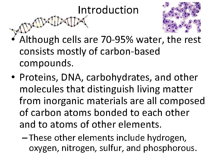 Introduction • Although cells are 70 -95% water, the rest consists mostly of carbon-based