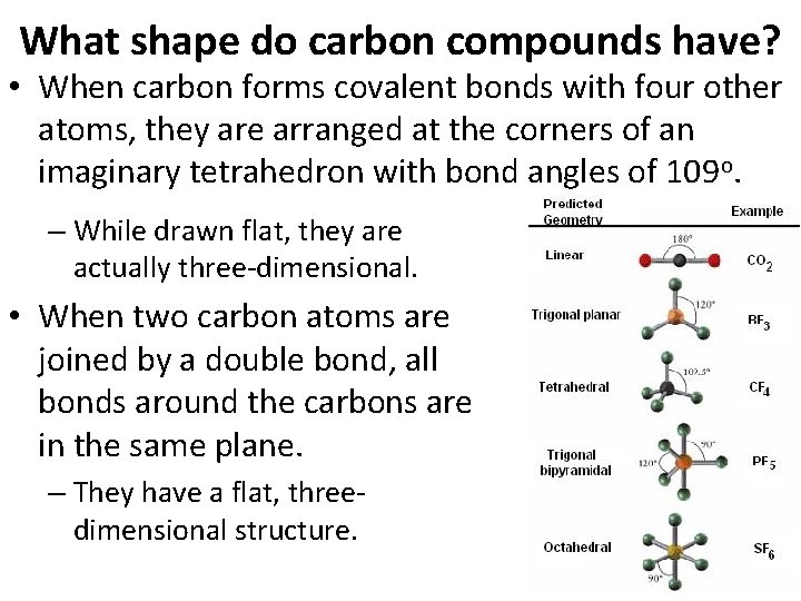 What shape do carbon compounds have? • When carbon forms covalent bonds with four