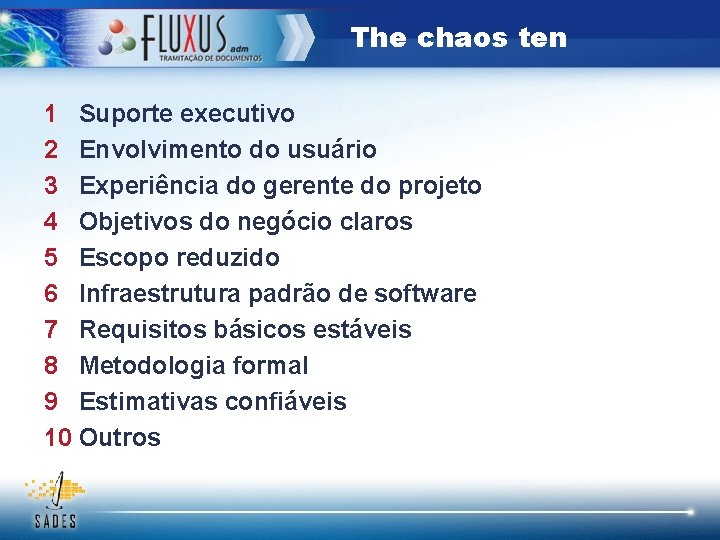 The chaos ten 1 Suporte executivo 2 Envolvimento do usuário 3 Experiência do gerente