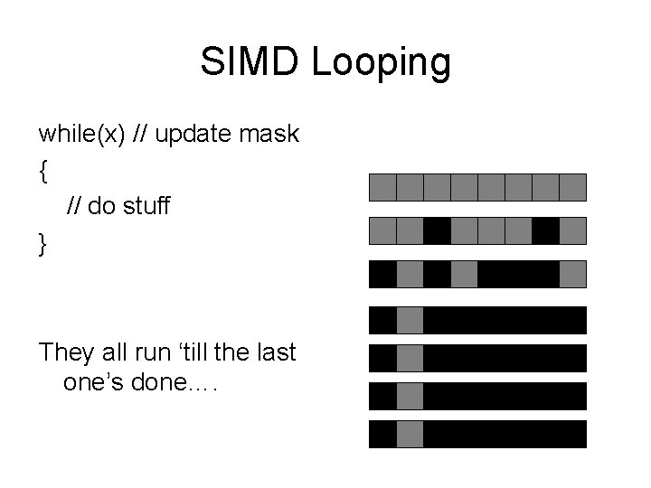 SIMD Looping while(x) // update mask { // do stuff } They all run