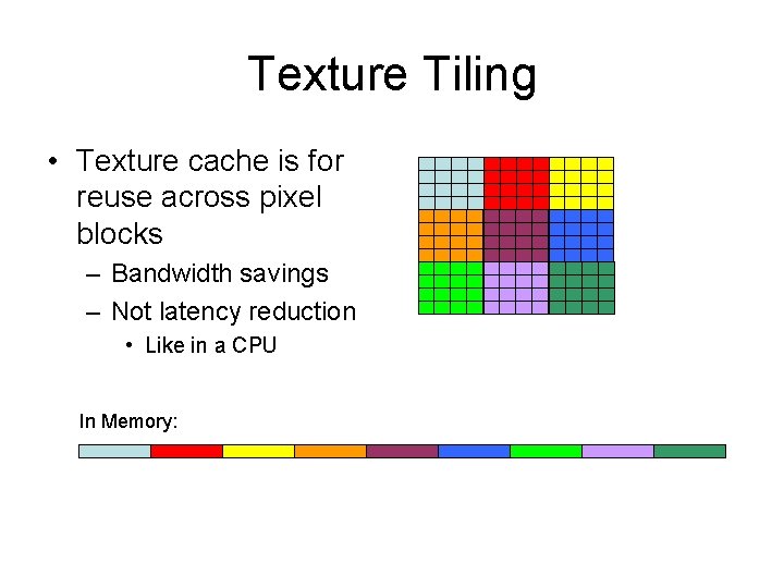 Texture Tiling • Texture cache is for reuse across pixel blocks – Bandwidth savings