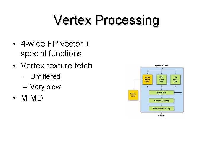 Vertex Processing • 4 -wide FP vector + special functions • Vertex texture fetch