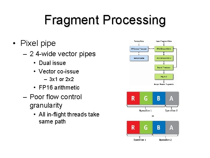Fragment Processing • Pixel pipe – 2 4 -wide vector pipes • Dual issue