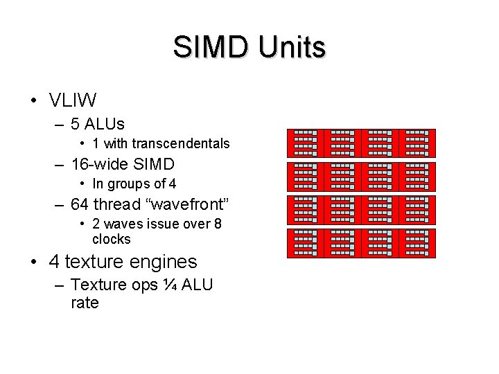 SIMD Units • VLIW – 5 ALUs • 1 with transcendentals – 16 -wide