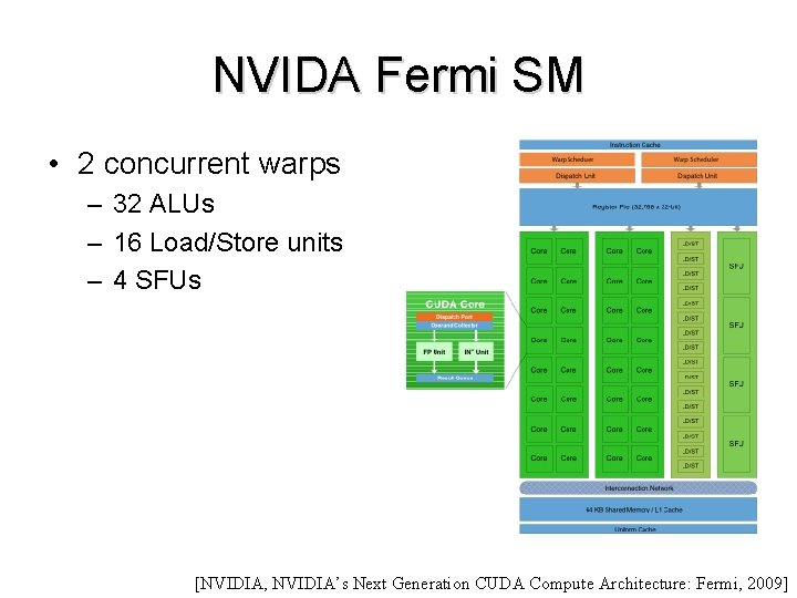 NVIDA Fermi SM • 2 concurrent warps – 32 ALUs – 16 Load/Store units