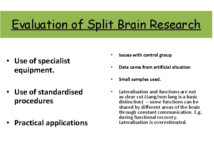 Evaluation of Split Brain Research • Use of specialist equipment. • Use of standardised Evaluation of Split Brain Research • Use of specialist equipment. • Use of standardised