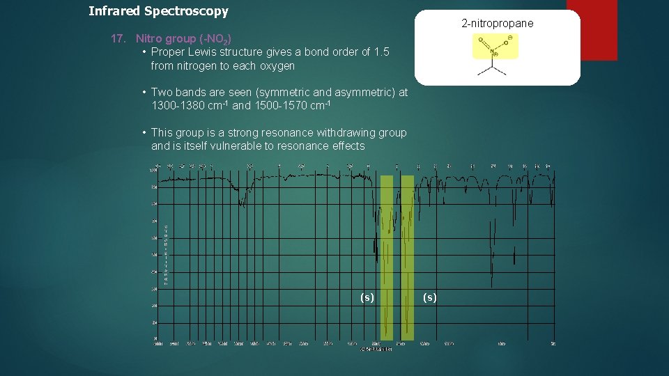 Infrared Spectroscopy 2 -nitropropane 17. Nitro group (-NO 2) • Proper Lewis structure gives