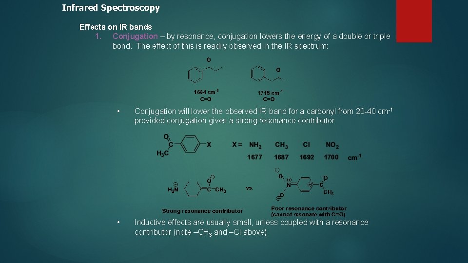Infrared Spectroscopy Effects on IR bands 1. Conjugation – by resonance, conjugation lowers the