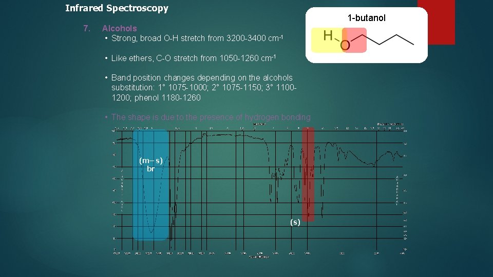 Infrared Spectroscopy 7. 1 -butanol Alcohols • Strong, broad O-H stretch from 3200 -3400