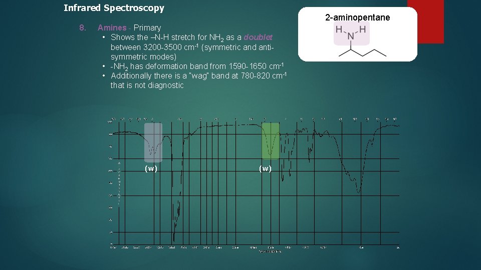 Infrared Spectroscopy 8. 2 -aminopentane Amines - Primary • Shows the –N-H stretch for