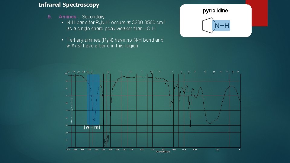 Infrared Spectroscopy 9. Amines – Secondary • N-H band for R 2 N-H occurs