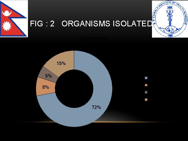 FIG : 2 ORGANISMS ISOLATED Organisms 15% 5% E. Coli Kleibsella 8% Pseudomonas Others