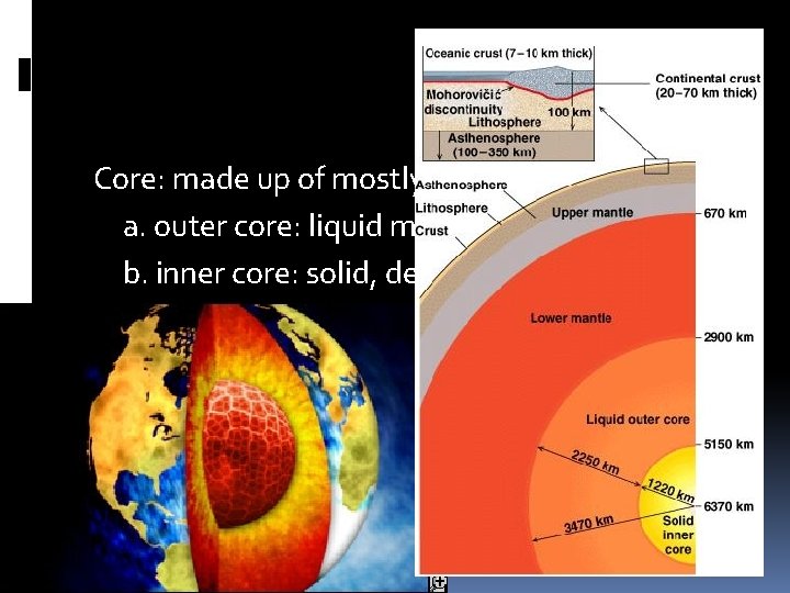 Core: made up of mostly metals, very hot! a. outer core: liquid metal b.