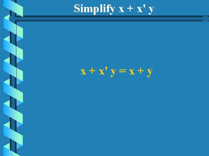 Simplify x + x' y = x + y 