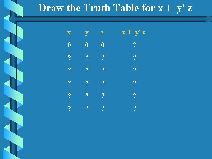 Draw the Truth Table for x + y' z x y z x +