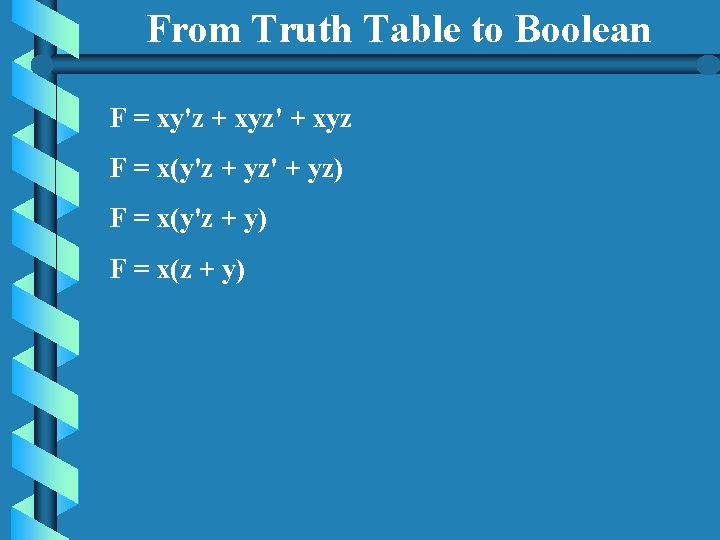 From Truth Table to Boolean F = xy'z + xyz' + xyz F =